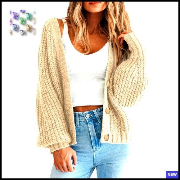 Chunky Knit Oversized Cardigan Open Front Button V Neck Loose Fit
